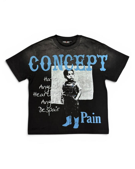 Black t-shirt with graphic design and text on a white background