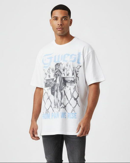 Man wearing a white t-shirt with graphic design and text on a plain background