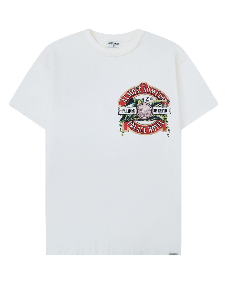 Cream t-shirt with a colorful graphic design on a white background
