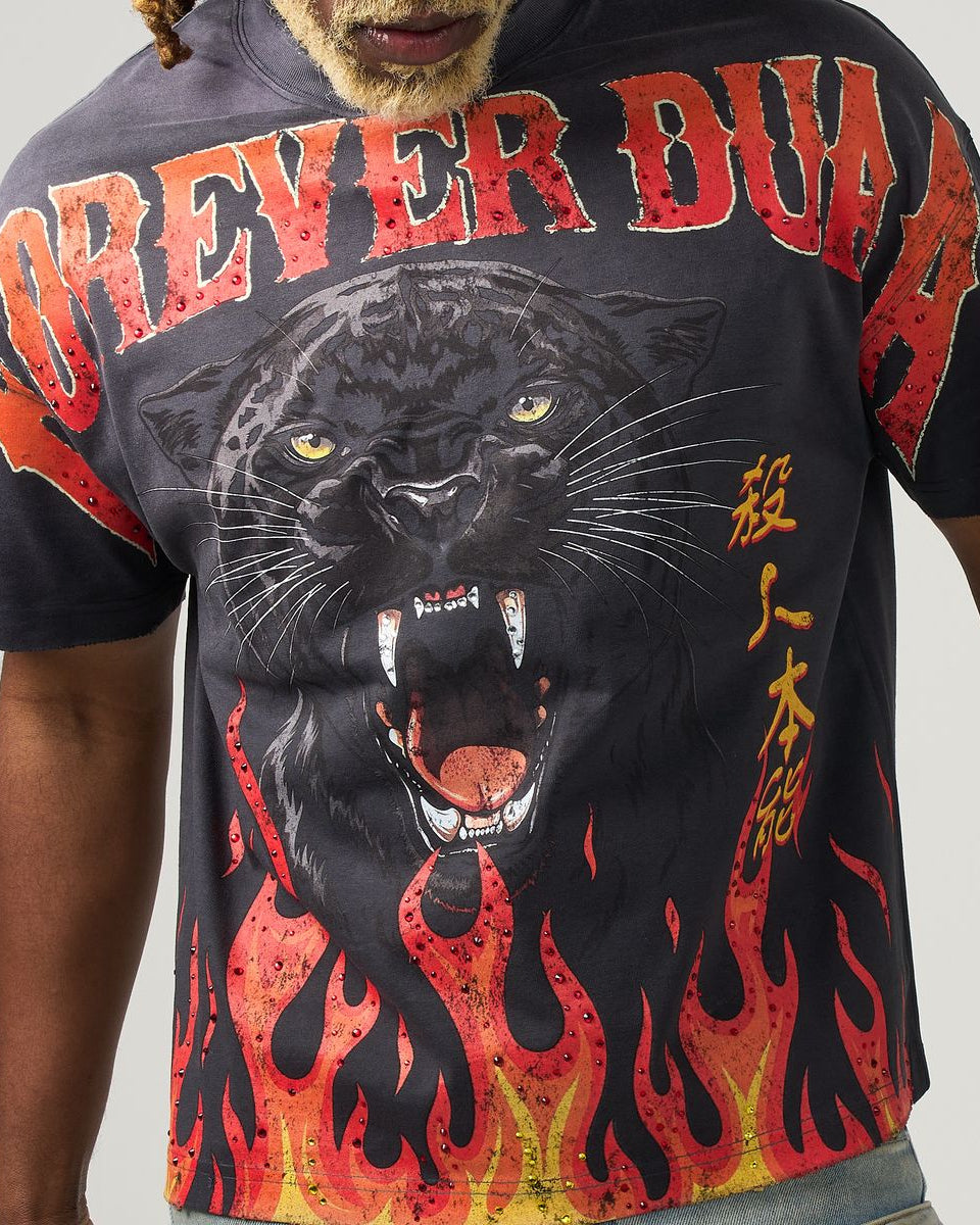 T-shirt with a panther graphic and 'Forever Duaa' text on a plain background