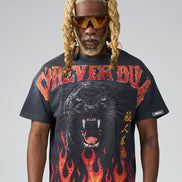 Person wearing a black t-shirt with a panther graphic and 'Forever Duaa' text on a gray background