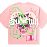 Pink t-shirt with graphic design and 'Supreme' logo on a white background
