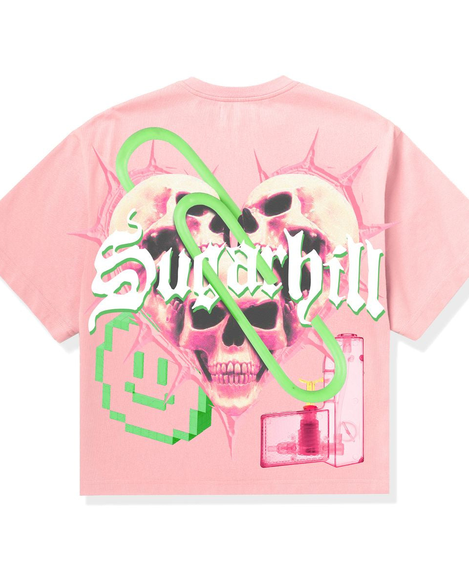 Pink t-shirt with graphic design and 'Supreme' logo on a white background