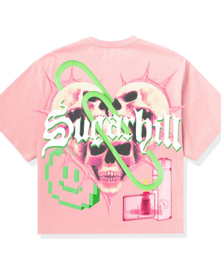 Pink t-shirt with graphic design and 'Supreme' logo on a white background