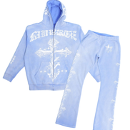 Light blue hoodie and pants set with white text and graphics on a white background