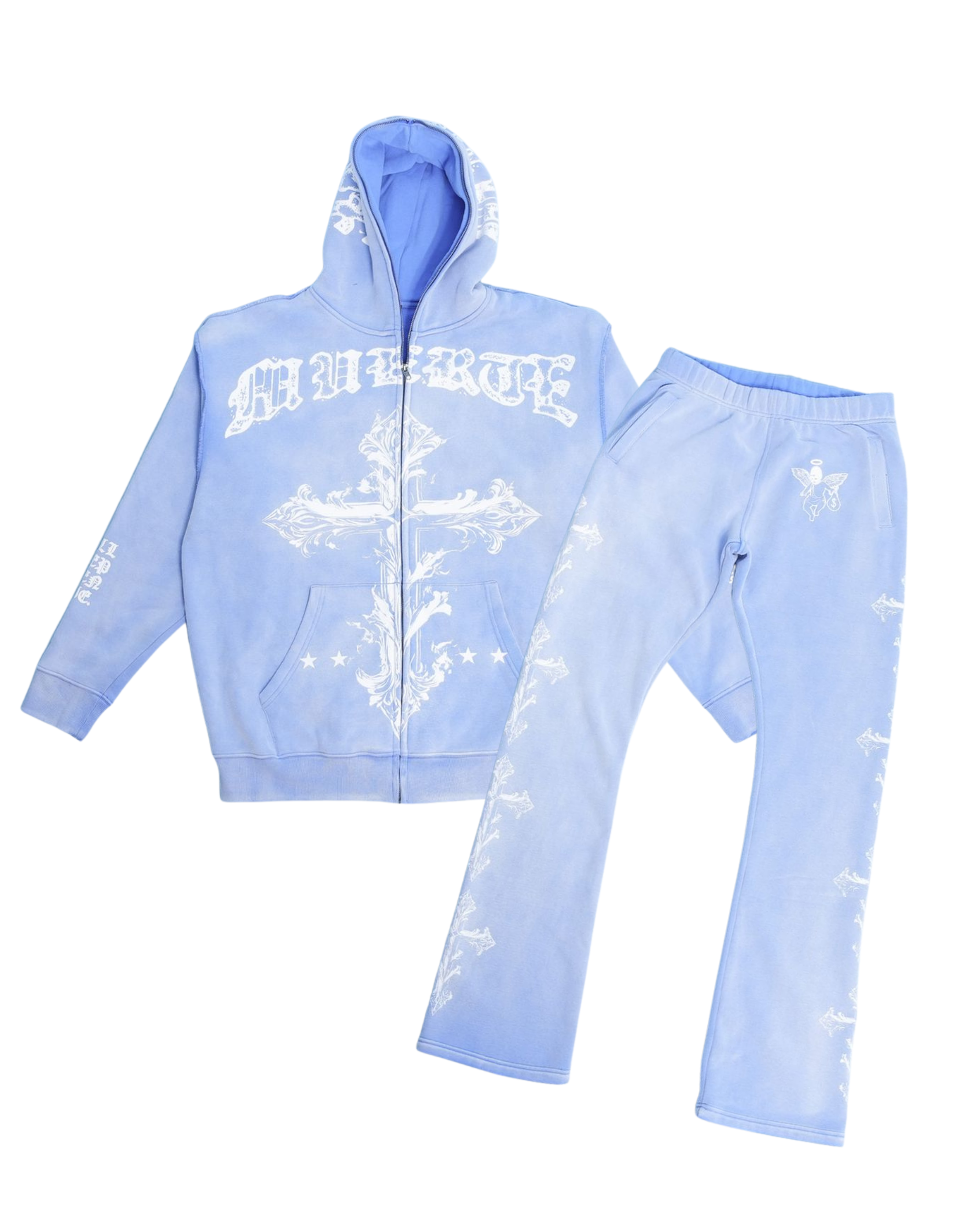 Light blue hoodie and pants set with white text and graphics on a white background