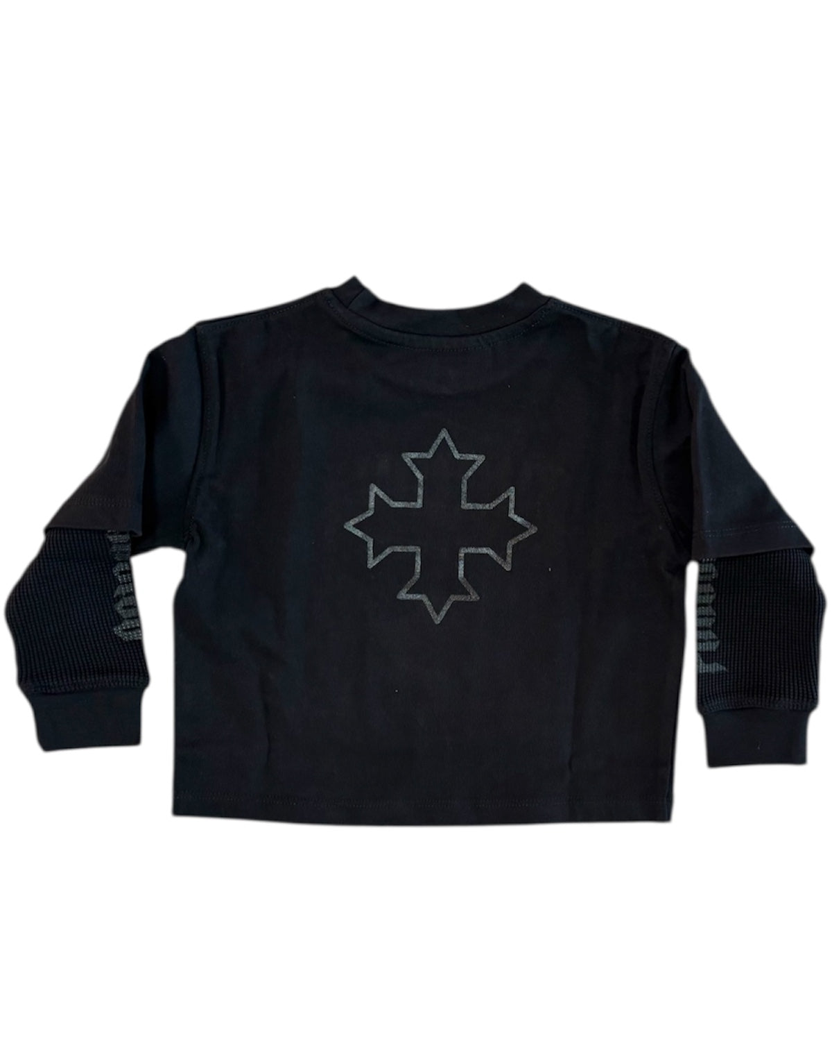 Black long-sleeve shirt with a star design on the back against a white background