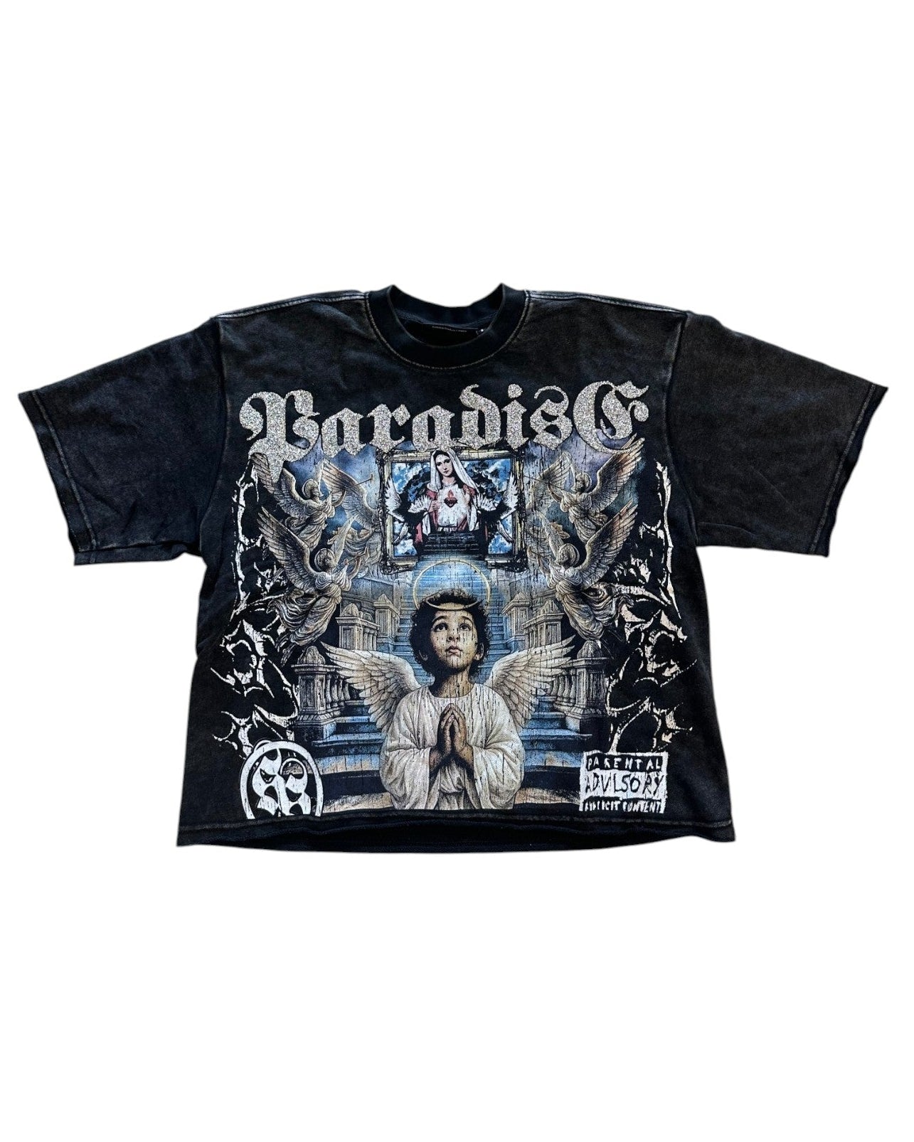 Black t-shirt with graphic design and text on a white background