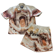 Shirt and shorts set with architectural design and 'Paradise' text on a white background