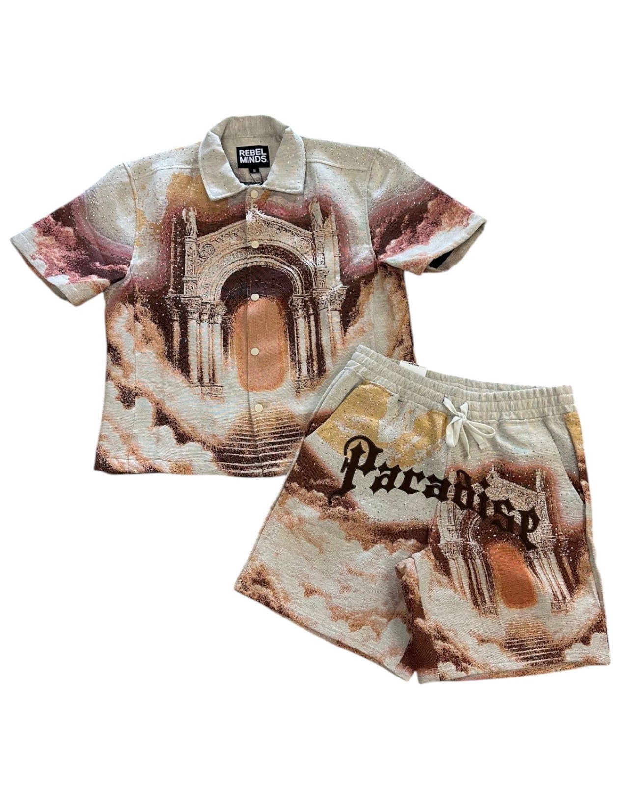 Shirt and shorts set with architectural design and 'Paradise' text on a white background