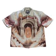 Short-sleeve shirt with architectural design on a white background