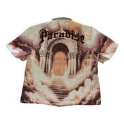 T-shirt with architectural design and 'Paradise' text on a white background