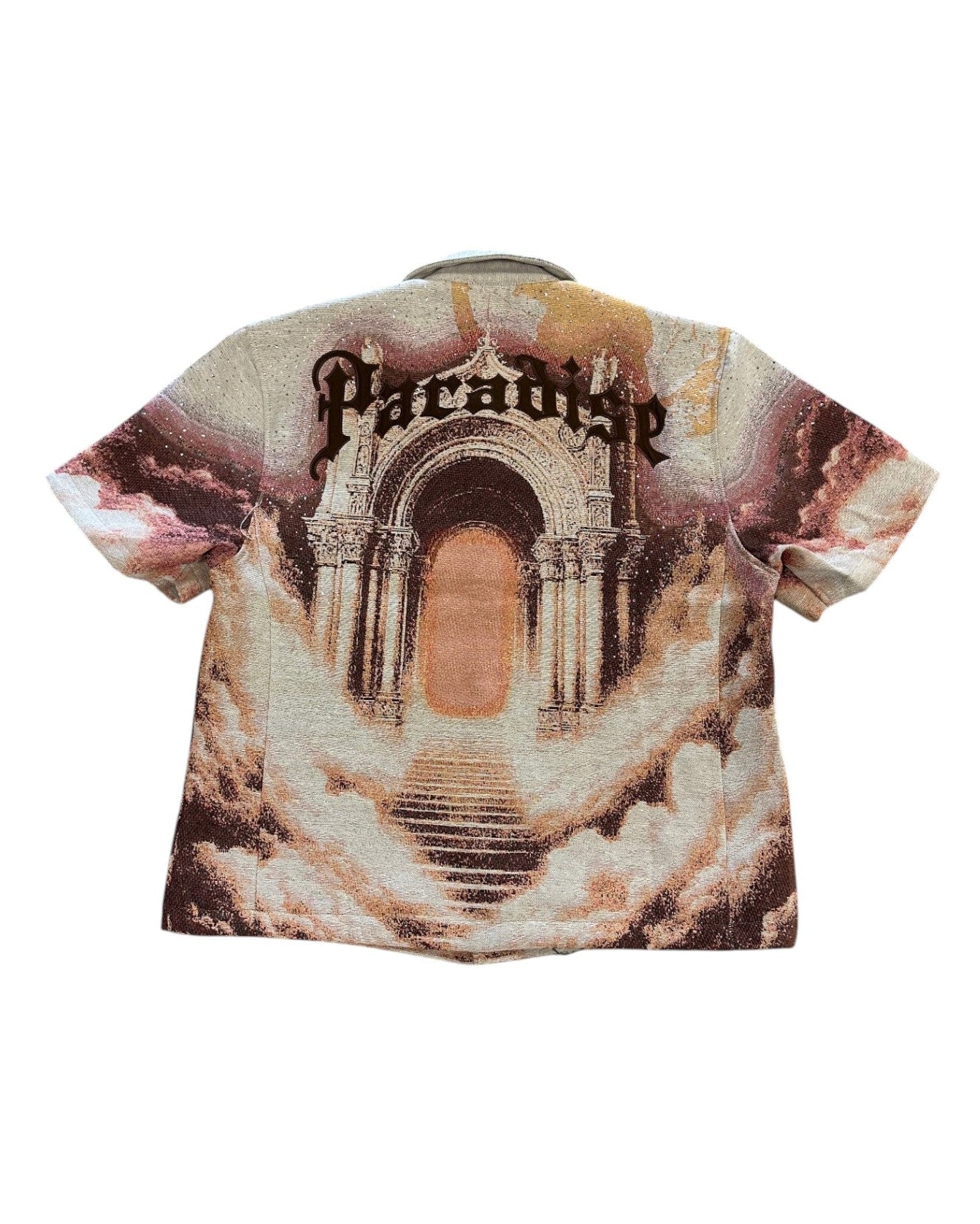 T-shirt with architectural design and 'Paradise' text on a white background