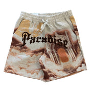 Shorts with architectural design and 'Paradiso' text on a white background