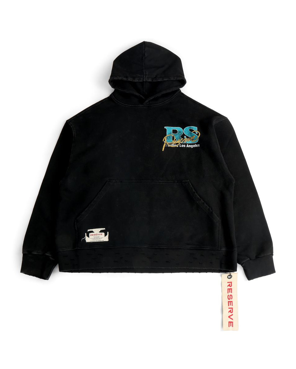 Black hoodie with a logo on a white background