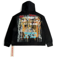 Black hoodie with colorful graphic design on the back, displayed against a white background.