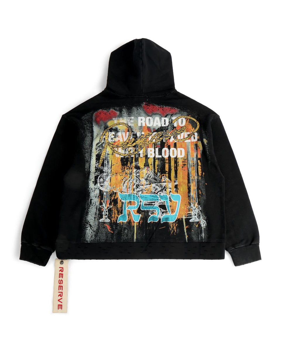Black hoodie with colorful graphic design on the back, displayed against a white background.