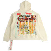 Beige hoodie with graphic design and text on a white background