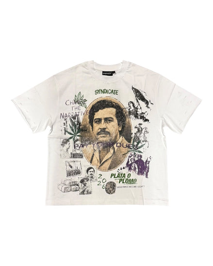 A white graphic t-shirt featuring a collage print with a portrait of Pablo Escobar, cannabis leaves, and text including 'SYNDICATE' and 'PLATA O PLOMO'.