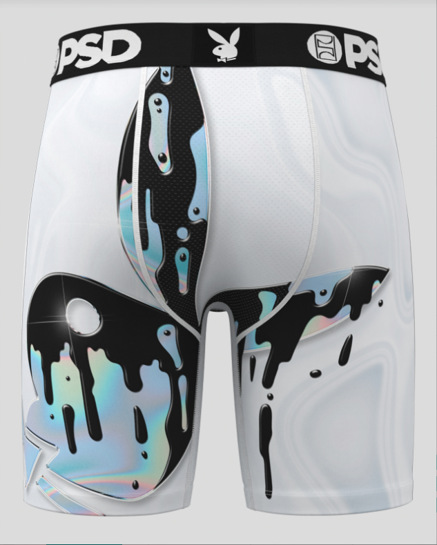 White athletic briefs with black abstract design and 'Playboy' branding on a white background