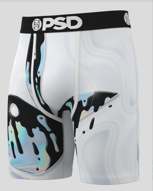 White athletic briefs with black and multicolor design on a gray background