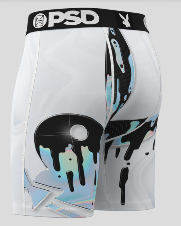 White athletic briefs with black and blue abstract design and 'PSD' branding on a white background
