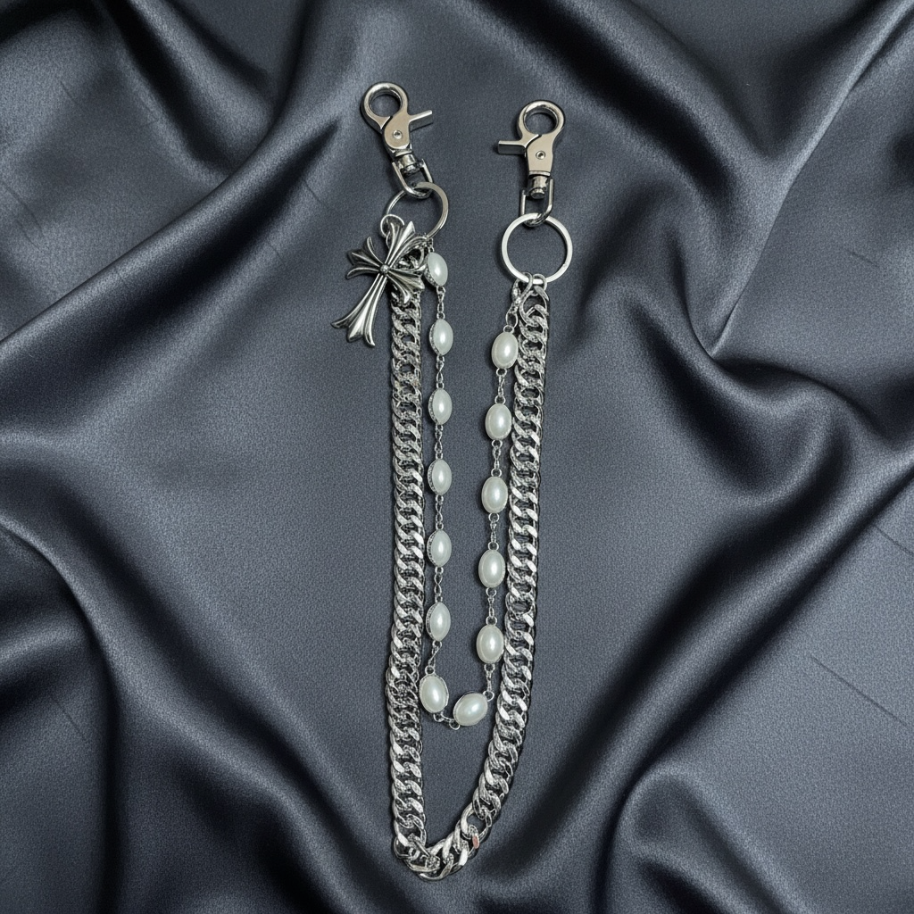Silver chain and pearl WALLET CHAIN on a dark satin background