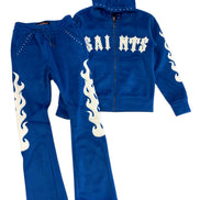Blue tracksuit with flame designs and 'SAINTS' text on a white background