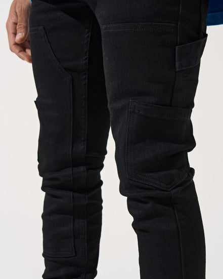 Black pants with multiple pockets on a white background