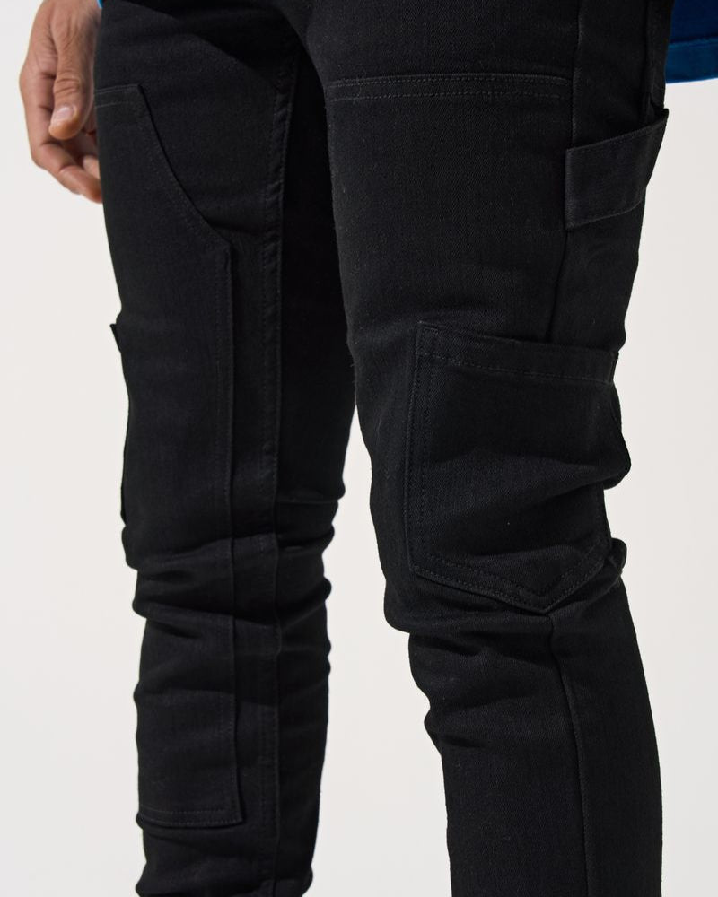 Black pants with multiple pockets on a white background