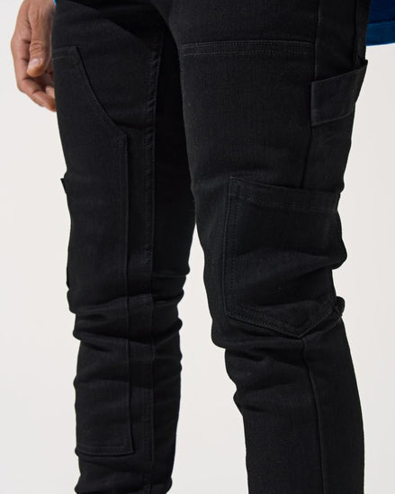 Black pants with multiple pockets on a white background