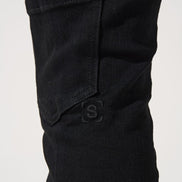 Black pants with a brand logo on a white background
