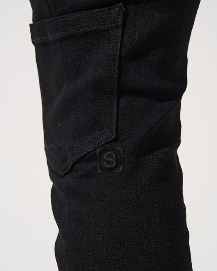 Black pants with a brand logo on a white background
