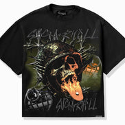 A black graphic t-shirt featuring a detailed military-themed skull design with a helmet, grenades, and the text 'SUGARHILL' in stylized lettering.