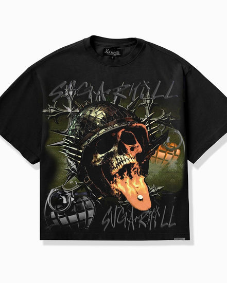 A black graphic t-shirt featuring a detailed military-themed skull design with a helmet, grenades, and the text 'SUGARHILL' in stylized lettering.
