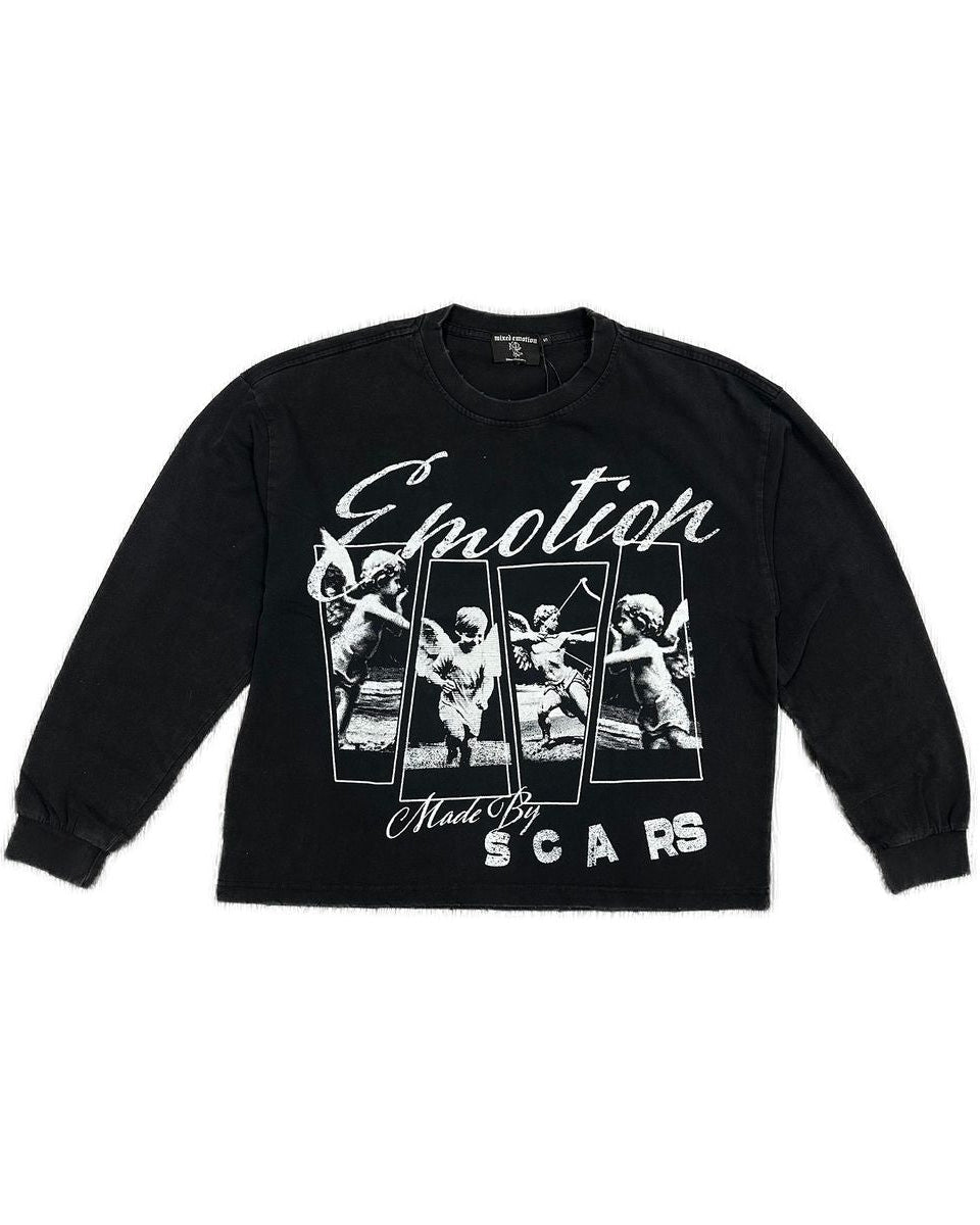 Black sweatshirt with graphic design and text on a white background