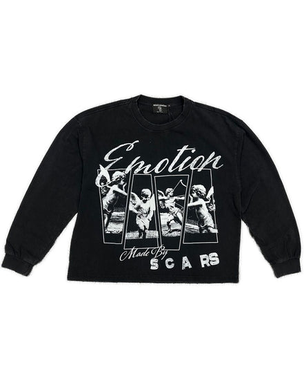 Black sweatshirt with graphic design and text on a white background
