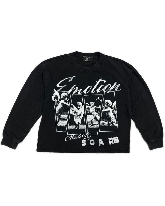 Black sweatshirt with graphic design and text on a white background