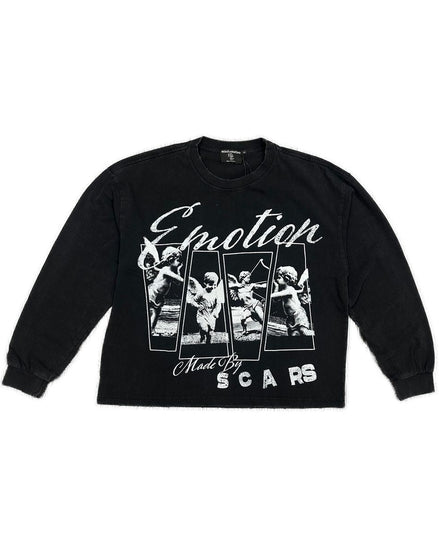 Black sweatshirt with graphic design and text on a white background
