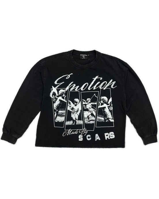 Black sweatshirt with graphic design and text on a white background