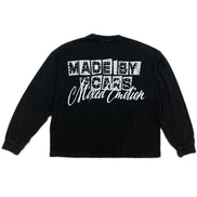Black sweatshirt with white text on a white background