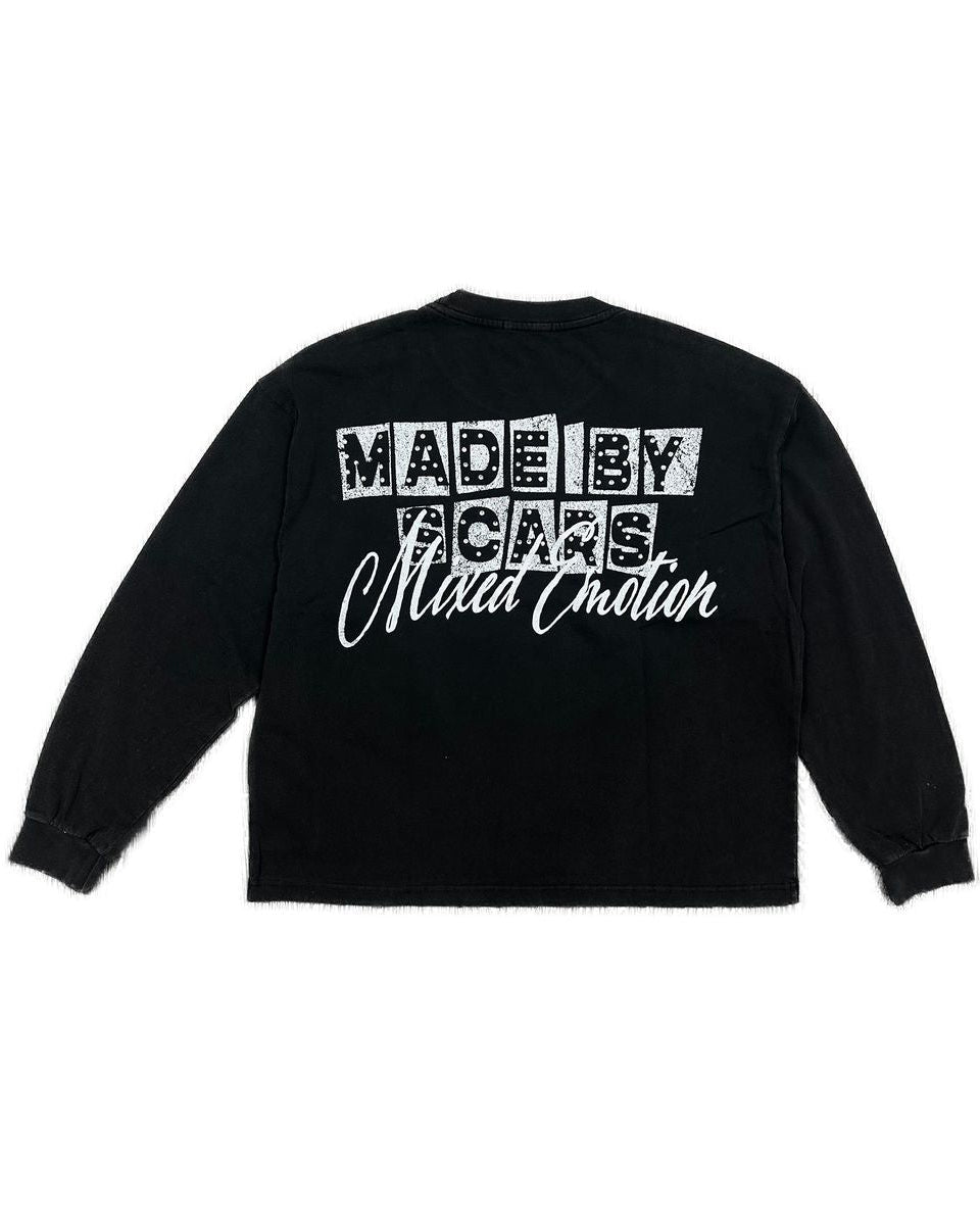 Black sweatshirt with white text on a white background