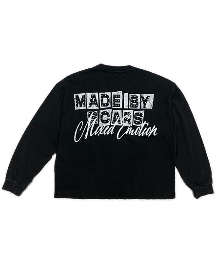 Black sweatshirt with white text on a white background