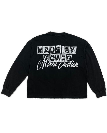 Black sweatshirt with white text on a white background