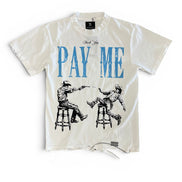 White t-shirt with graphic design and text 'PAY ME' on a white background
