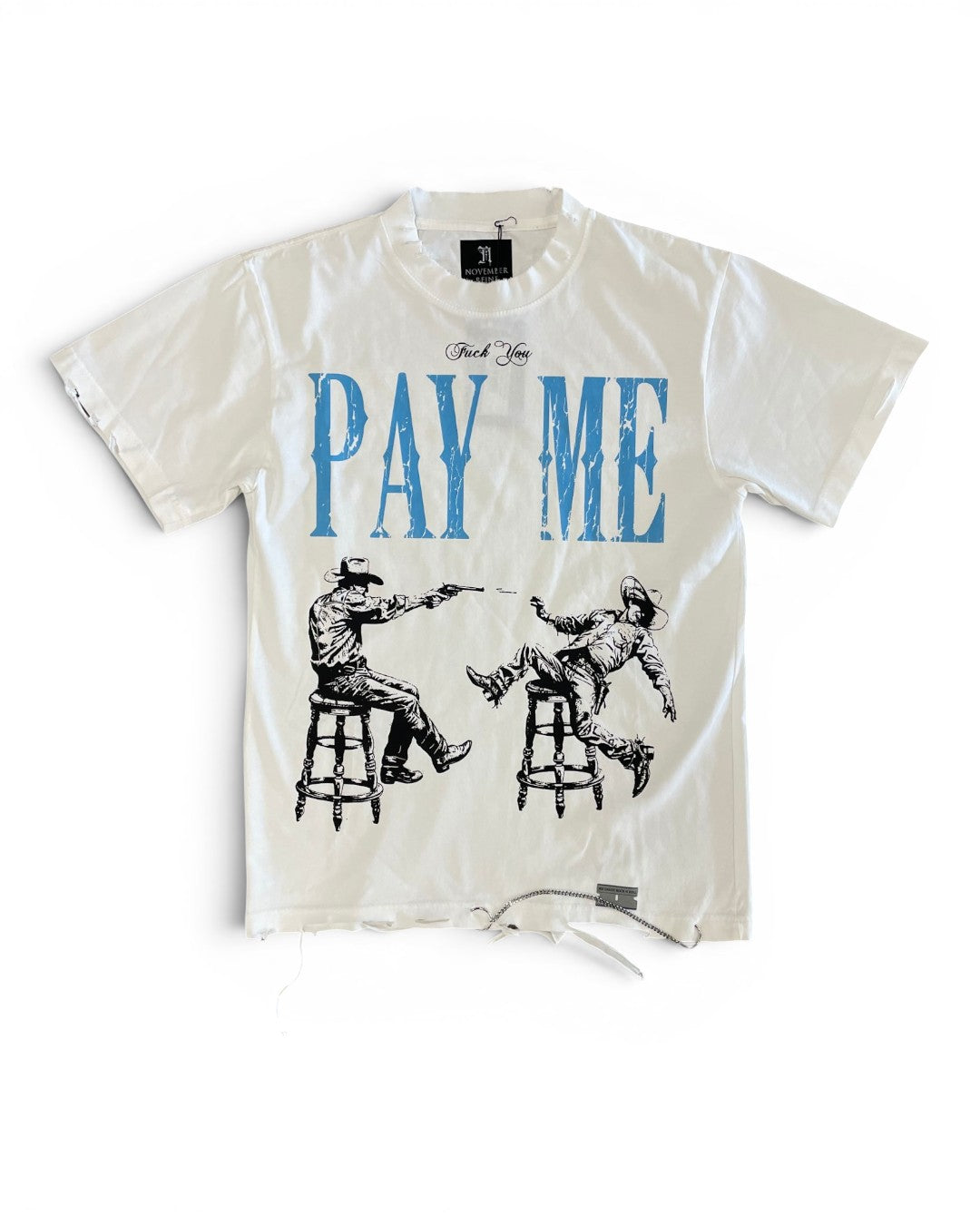 White t-shirt with graphic design and text 'PAY ME' on a white background