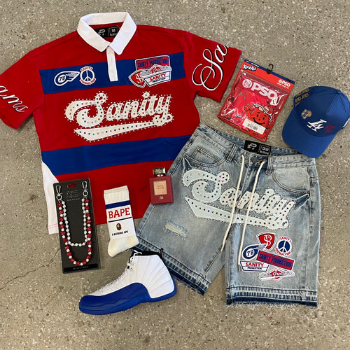 PLKS RED WHITE AND BLUE POLO WITH MATCHING SHORTS SURROUNDED BY MATCHING ACCESSORIES