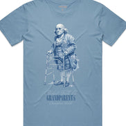 Blue t-shirt with a graphic of an elderly man using a walker and text on a white background