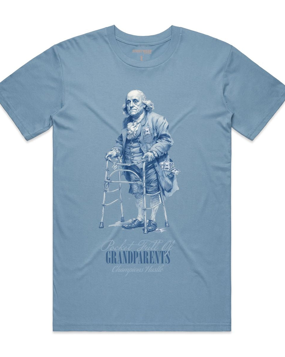 Blue t-shirt with a graphic of an elderly man using a walker and text on a white background