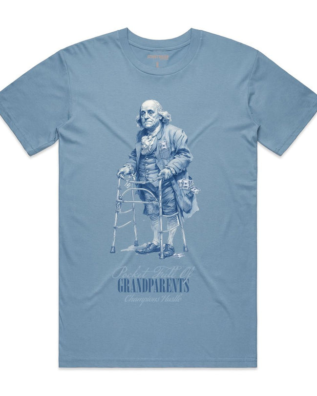 Blue t-shirt with a graphic of an elderly man using a walker and text on a white background